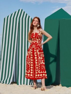 FARM Rio Red and Cream Floral Midi Dress